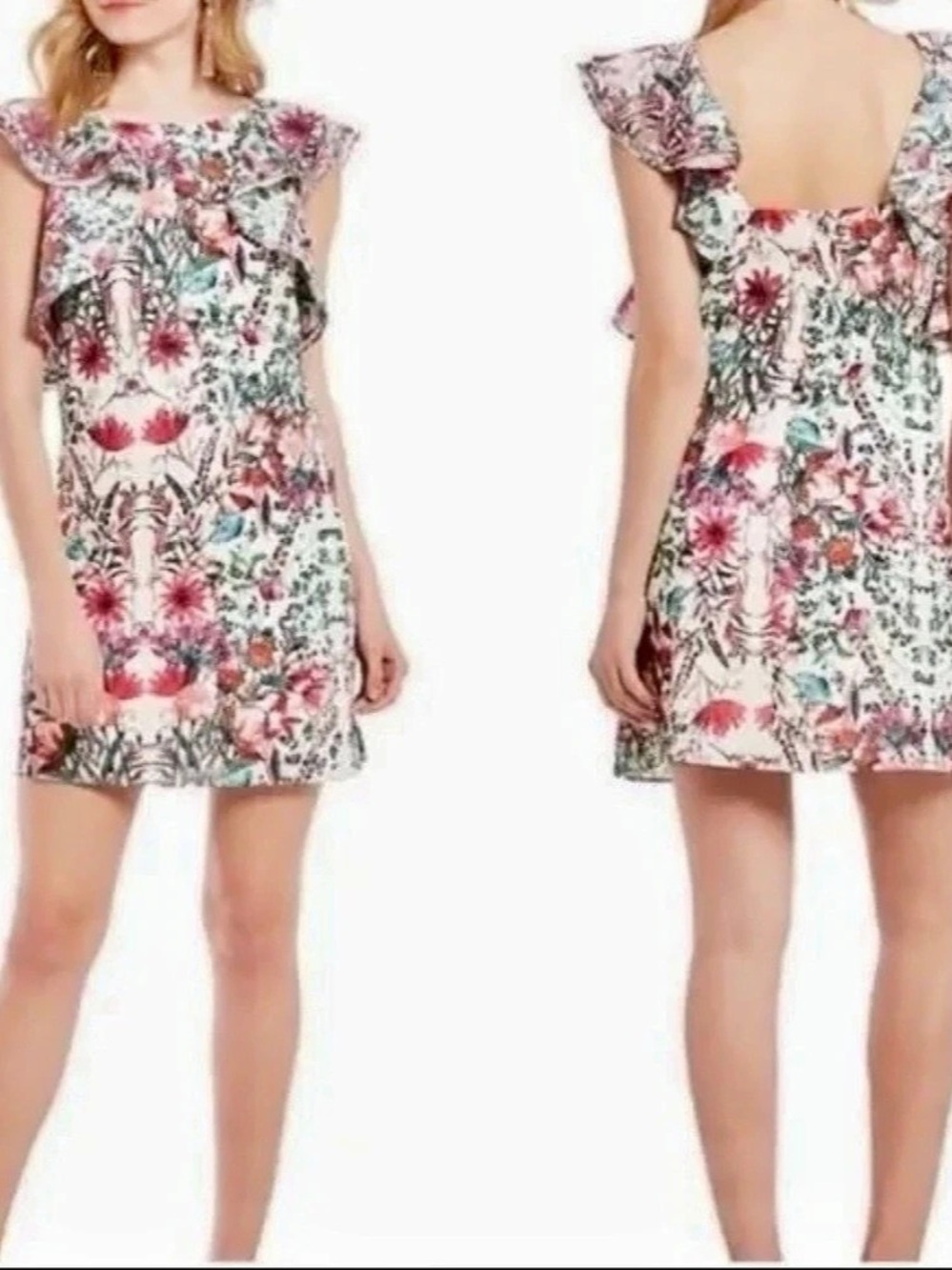 Belle Badgley Mischka Floral Ruffle Mini Dress in Pink Size 8 Like New